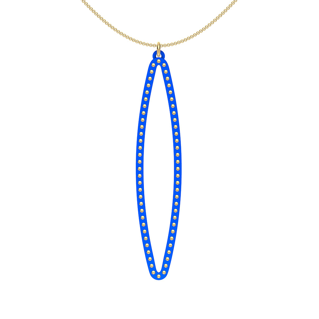 OVAL pendant  LARGE  ( 2.75 inches long)  with  14/20  goldfill  studs along shape  COLOR: royal blue  MATERIAL: 3D printed Nylon  ARTIST: Ree Gallagher, USA