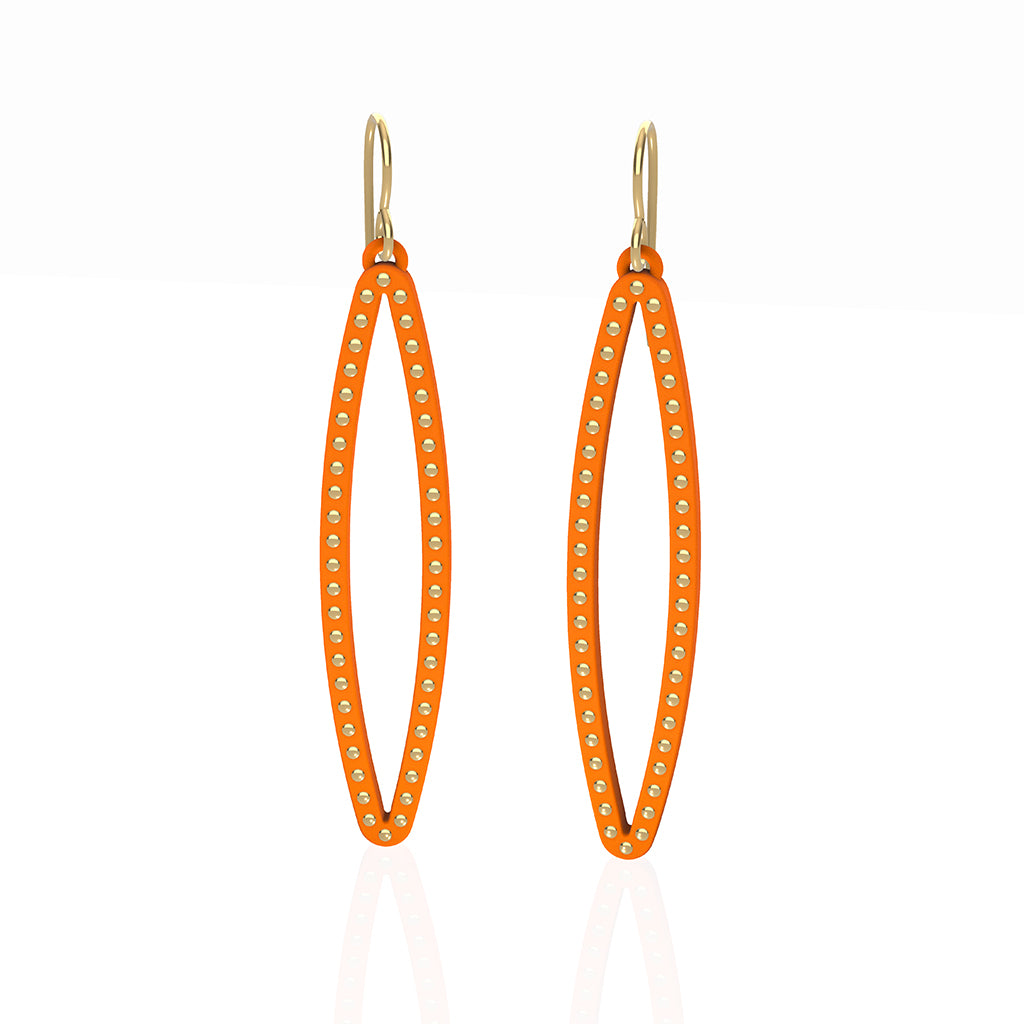 OVAL earrings  SIZE:  MEDIUM ( 2inches long)  with  14/20  goldfill  studs along shape  COLOR: orange  MATERIAL: 3D printed Nylon  ARTIST: Ree Gallagher, USA
