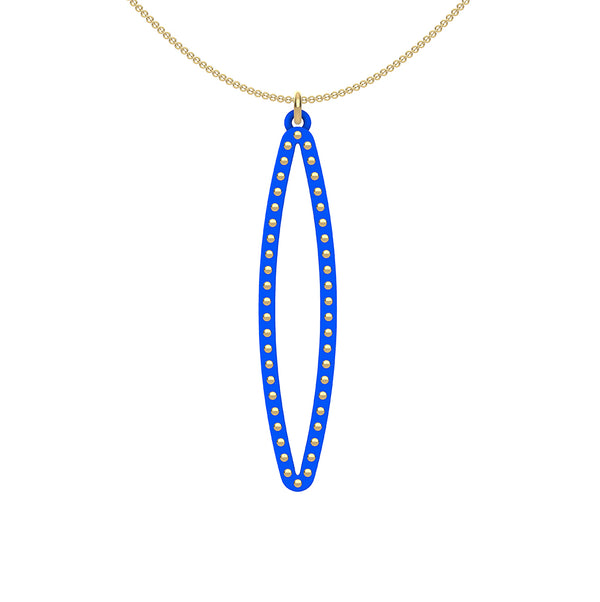OVAL pendant  MEDIUM ( 2inches long)  with  14/20  goldfill  studs along shape  COLOR: royal blue  MATERIAL: 3D printed Nylon  ARTIST: Ree Gallagher, USA