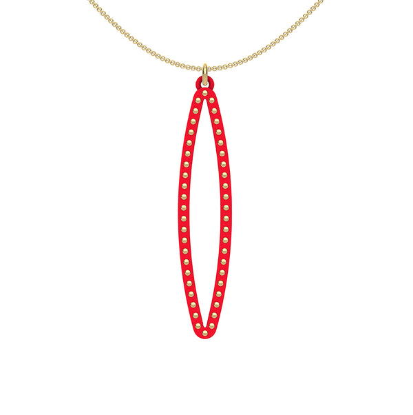 OVAL pendant  MEDIUM ( 2inches long)  with  14/20  goldfill  studs along shape  COLOR: red   MATERIAL: 3D printed Nylon  ARTIST: Ree Gallagher, USA