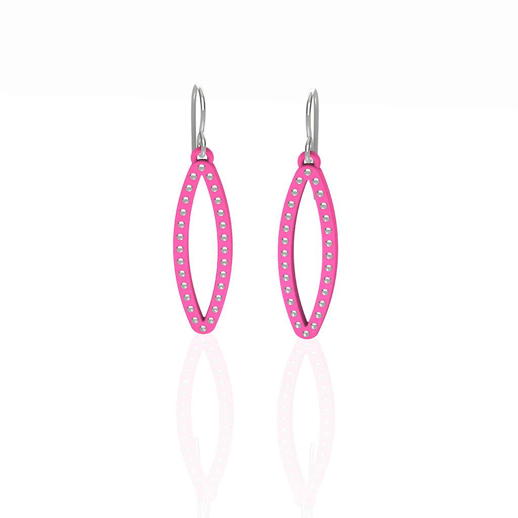 OVAL earrings  SIZE:  SMALL  ( 1.25 inches long)  with  sterling silver  studs along shape  COLOR:   pink   MATERIAL: 3D printed Nylon  ARTIST: Ree Gallagher, USA