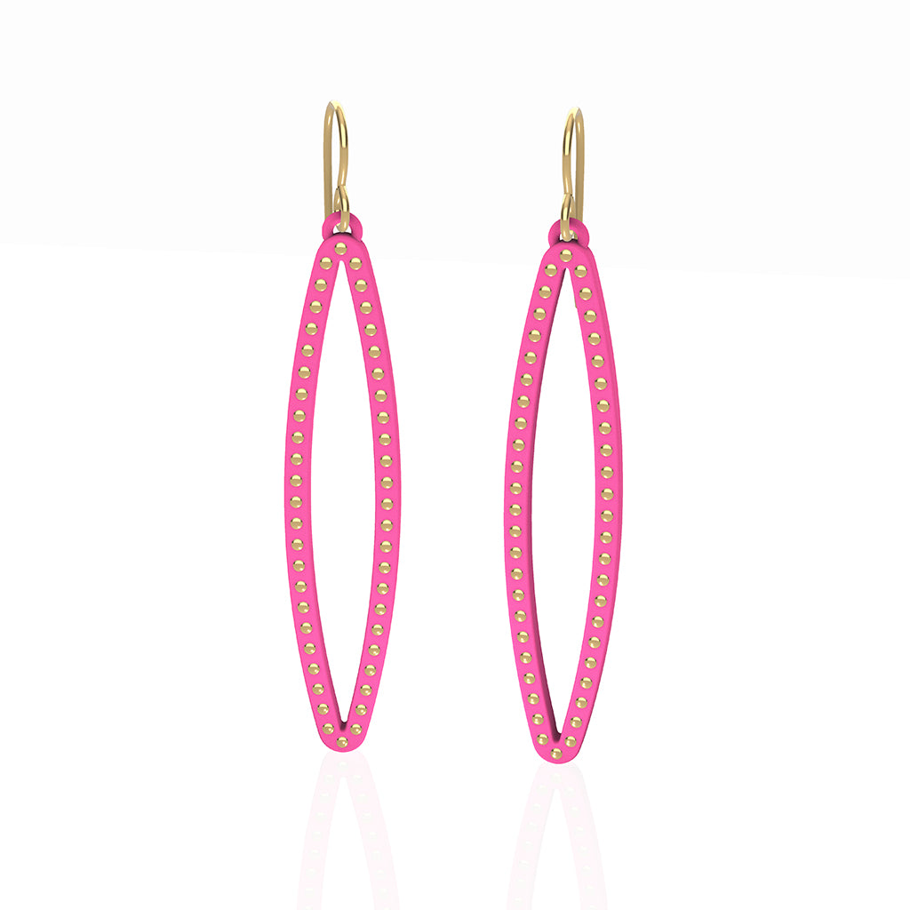 OVAL earrings  SIZE:  MEDIUM ( 2inches long)  with  14/20  goldfill  studs along shape  COLOR:  pink   MATERIAL: 3D printed Nylon  ARTIST: Ree Gallagher, USA