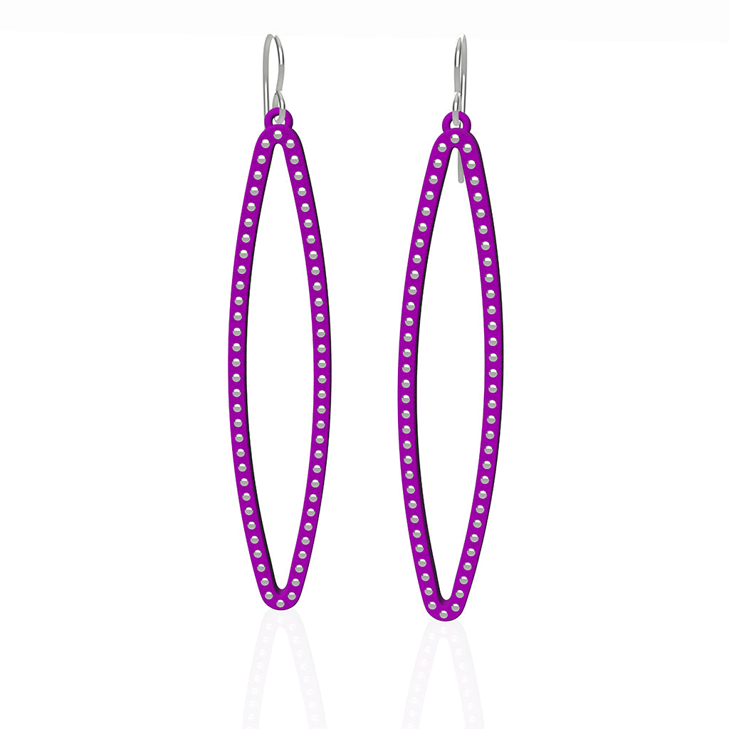OVAL earrings  SIZE:  LARGE  ( 2.75 inches long)  with  sterling silver  studs along shape  COLOR:  purple   MATERIAL: 3D printed Nylon  ARTIST: Ree Gallagher