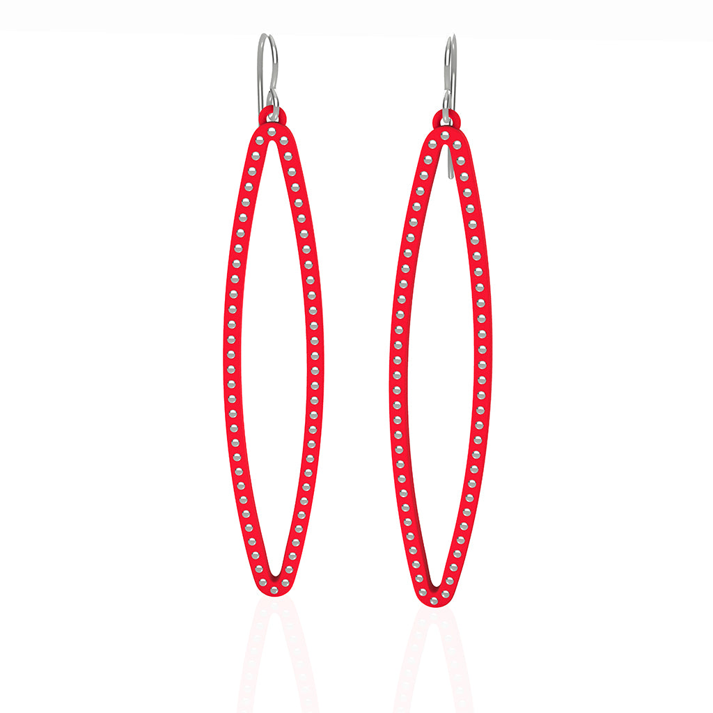 OVAL earrings  SIZE:  LARGE  ( 2.75 inches long)  with  sterling silver  studs along shape  COLOR: red   MATERIAL: 3D printed Nylon  ARTIST: Ree Gallagher