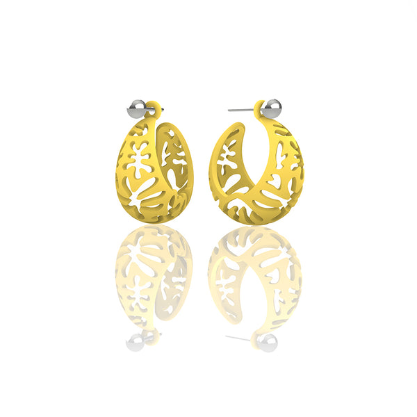 MATISSE inspired  yellow,  CORAL CUTOUT HOOP earrings.  SIZE:  SMALL, 0.75 inch or 22mm diameter.  Material:  3D printed Nylon   Posts:  sterling or 14/20 goldfill, Artist:  Ree Gallagher, USA