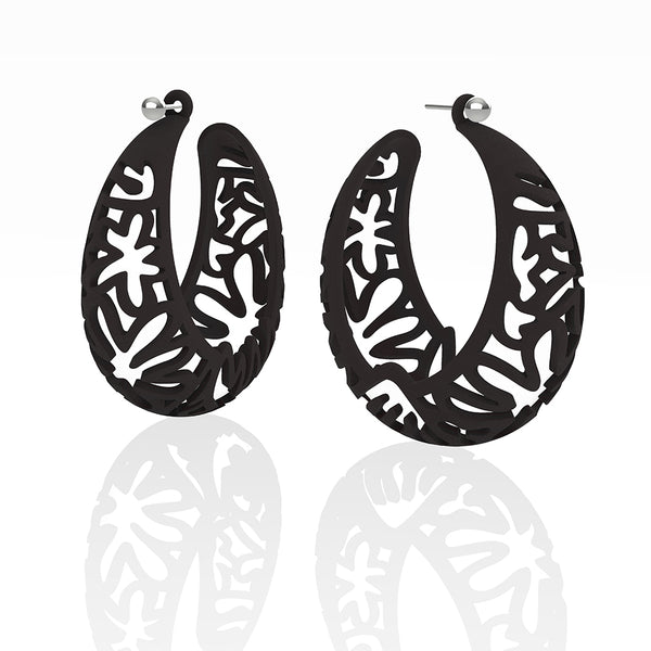 MATISSE inspired BLACK  CORAL CUTOUT HOOP earrings.  SIZES:  XL  2  inch diameter.  Material:  Nylon   Posts:  sterling or 14/20 goldfill