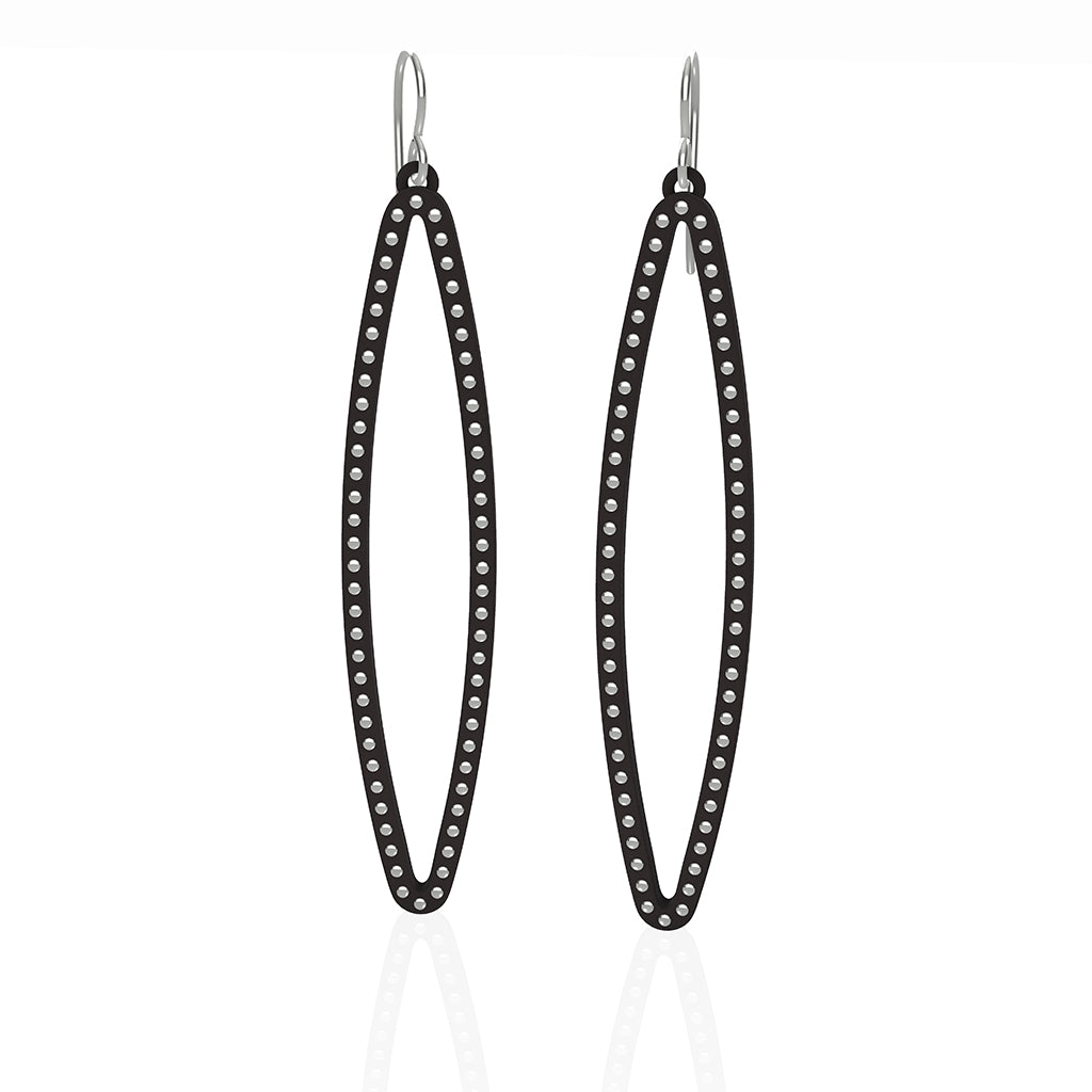 OVAL earrings  SIZE:  LARGE  ( 2.75 inches long)  with  sterling silver  studs along shape  COLOR: black  MATERIAL: 3D printed Nylon  ARTIST: Ree Gallagher