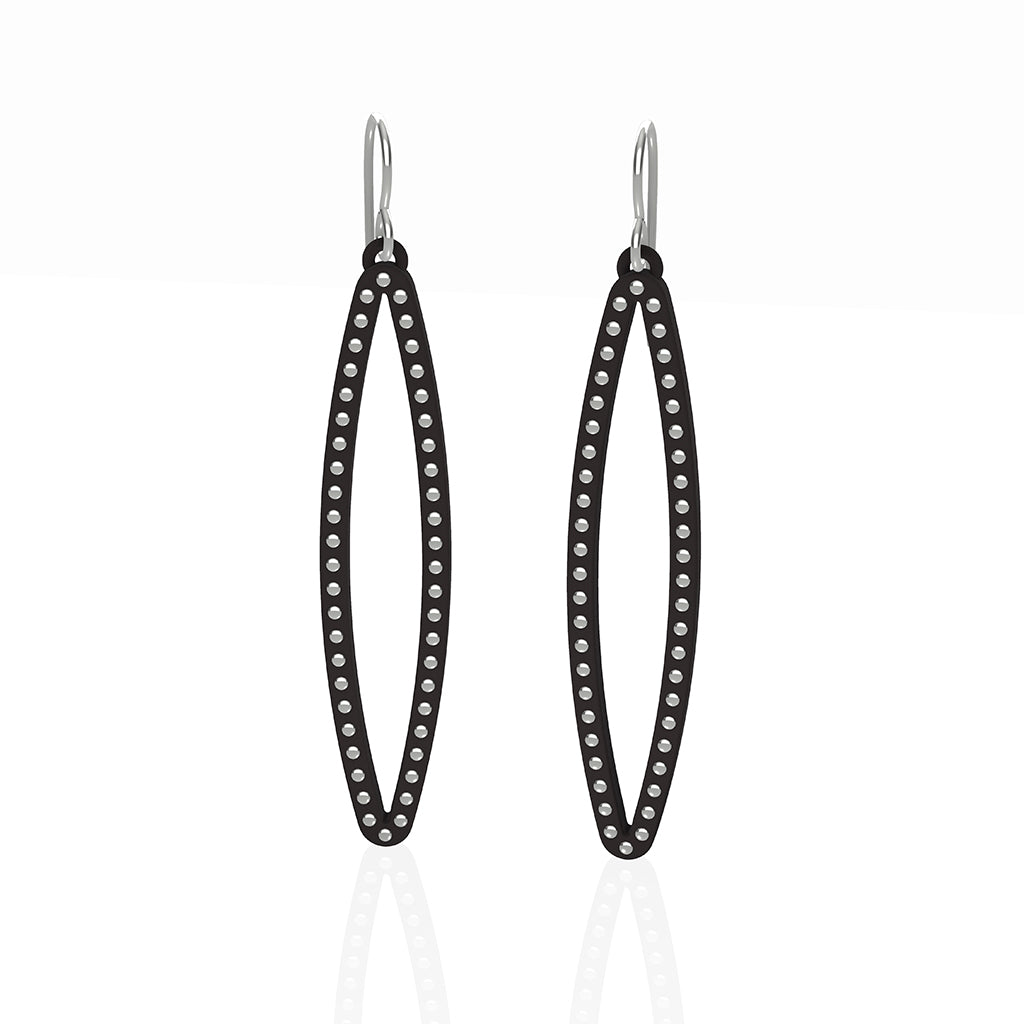 OVAL earrings  SIZE:  MEDIUM ( 2inches long)  with  sterling  silver  studs along shape  COLOR: black  MATERIAL: 3D printed Nylon  ARTIST: Ree Gallagher, USA