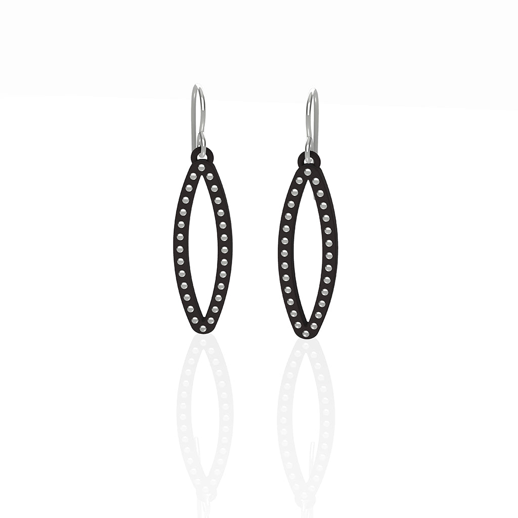 OVAL earrings  SIZE:  SMALL  ( 1.25 inches long)  with  sterling silver  studs along shape  COLOR:   black   MATERIAL: 3D printed Nylon  ARTIST: Ree Gallagher, USA
