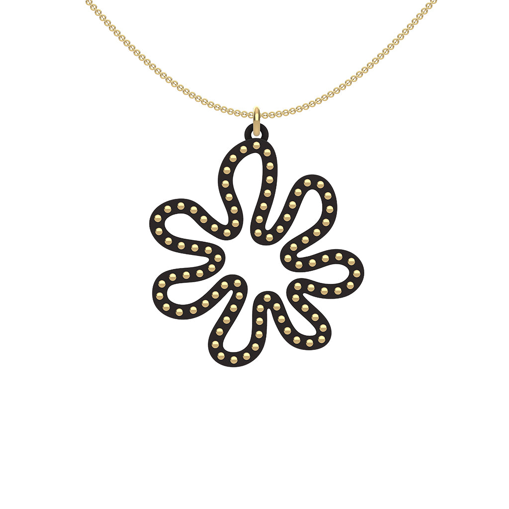 MATISSE.cutout  CORAL pendant  STYLE:  2  with 14/20 goldfill studs along shape  COLOR:  black    MATERIAL:  3D printed Nylon  ARTIST:  Ree Gallagher, USA