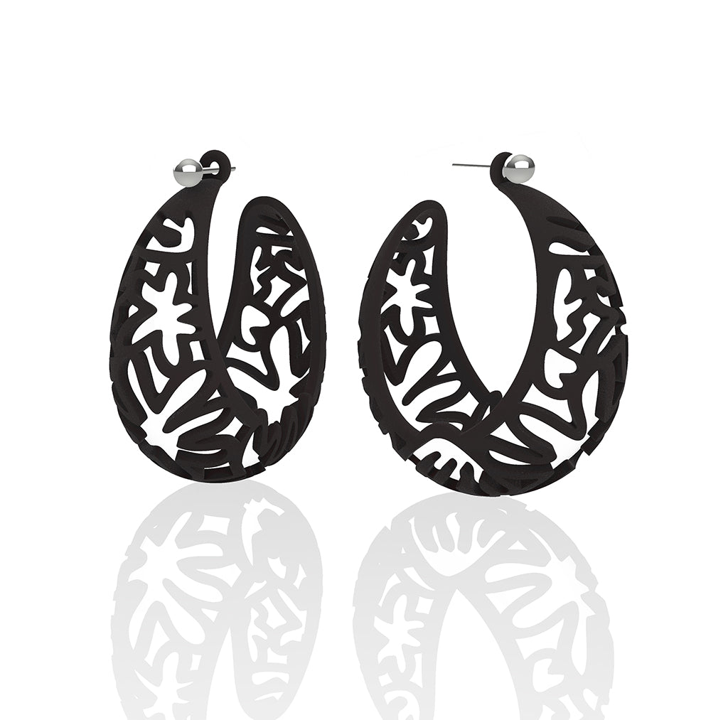 MATISSE inspired BLACK  CORAL CUTOUT HOOP earrings.  1.625 inch diameter.  Material:  Nylon   Posts:  sterling or 14/20 goldfill