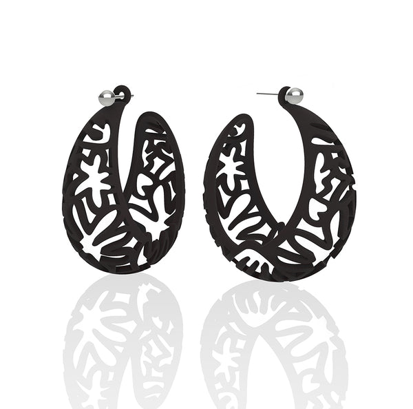 MATISSE inspired BLACK  CORAL CUTOUT HOOP earrings.  1.625 inch diameter.  Material:  Nylon   Posts:  sterling or 14/20 goldfill