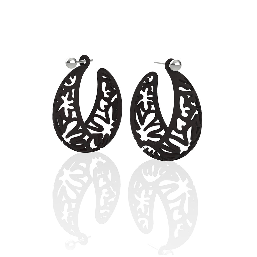 MATISSE inspired  BLACK CORAL CUTOUT HOOP earrings.  SIZE:  MED, 1.25 inch diameter.  Material:  Nylon   Posts:  sterling or 14/20 goldfill, ARTIST:  Ree Gallagher