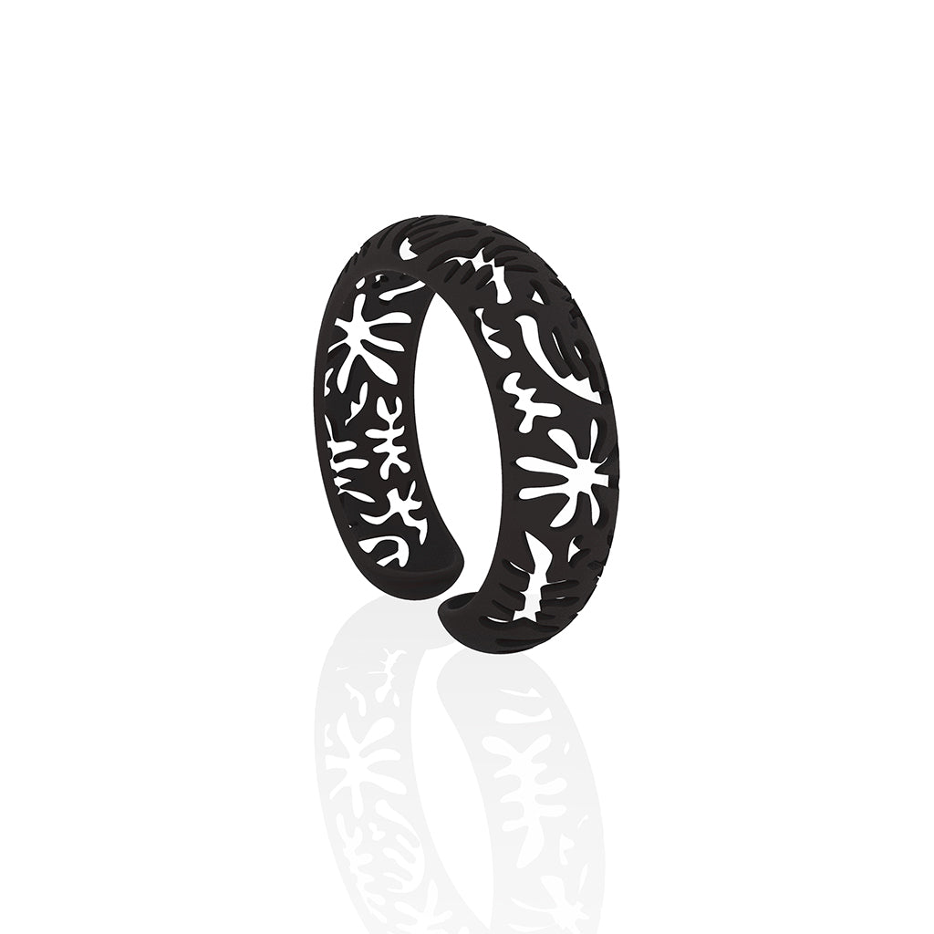 CORAL cutout CUFF bracelet inspired by artist Henri Matisse.  Color is  BLACK.  Measures 3/4 of inches wide.  ONE SIZE fits most .  Made of lightweight nylon