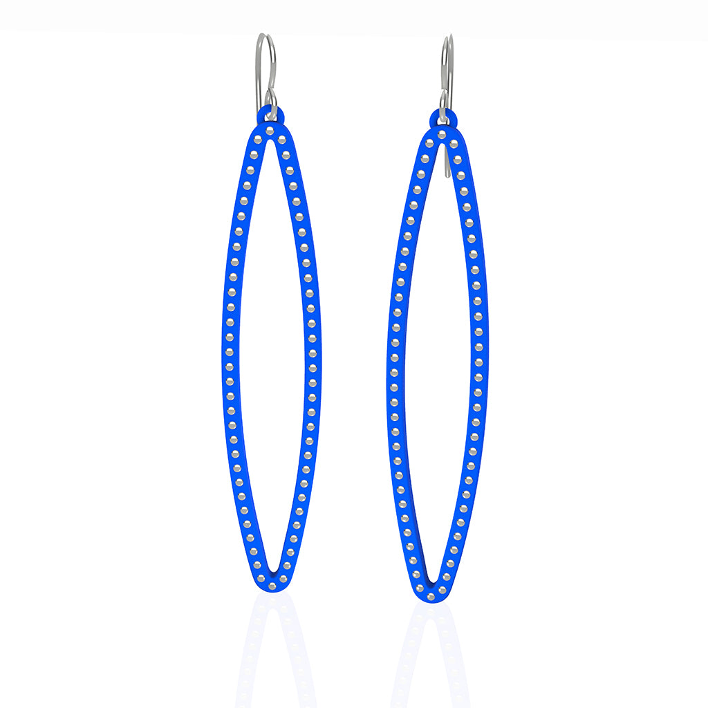 OVAL earrings  SIZE:  LARGE  ( 2.75 inches long)  with  sterling silver  studs along shape  COLOR:   royal blue  MATERIAL: 3D printed Nylon  ARTIST: Ree Gallagher