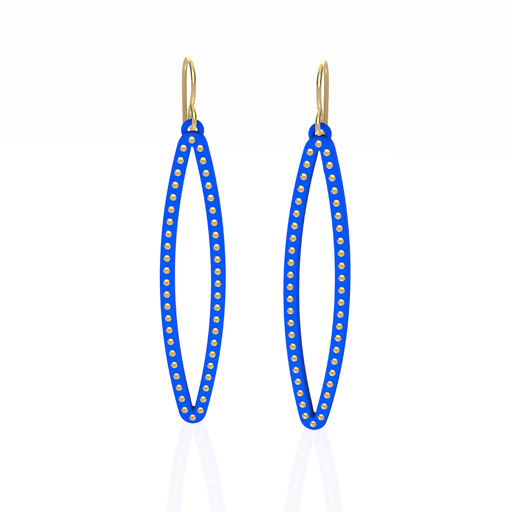 OVAL earrings  SIZE:  MEDIUM ( 2inches long)  with  14/20  goldfill  studs along shape  COLOR: blue  MATERIAL: 3D printed Nylon  ARTIST: Ree Gallagher, USA