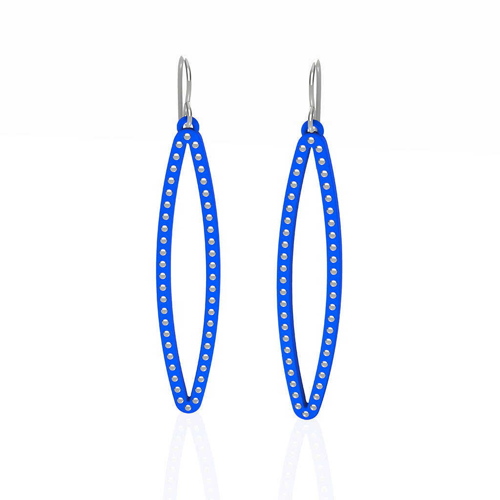 OVAL earrings  SIZE:  MEDIUM ( 2inches long)  with  sterling  silver  studs along shape  COLOR:  blue  MATERIAL: 3D printed Nylon  ARTIST: Ree Gallagher, USA