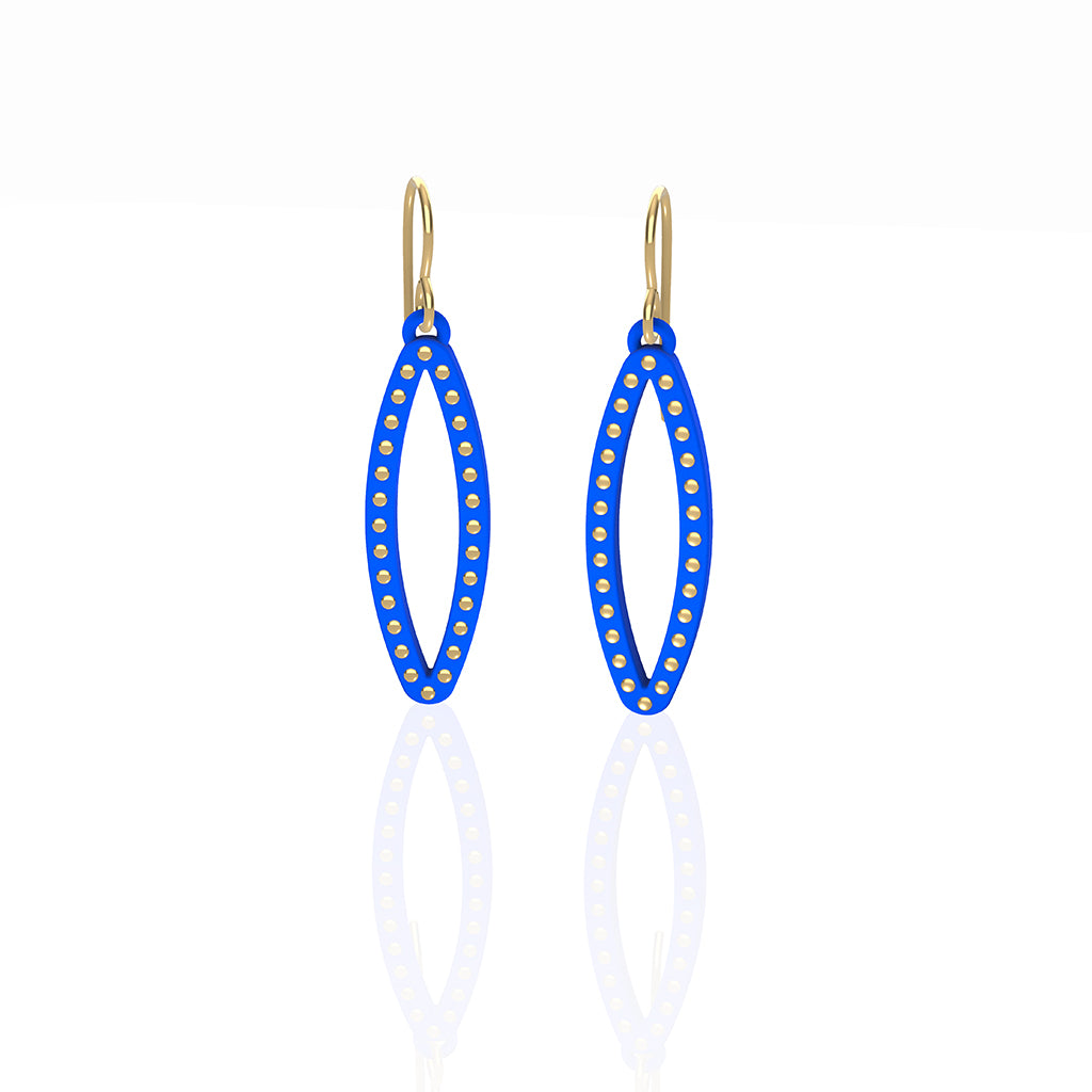 OVAL earrings  SIZE:  SMALL  ( 1.25 inches long)  with  14/20  goldfill  studs along shape  COLOR:   blue   MATERIAL: 3D printed Nylon  ARTIST: Ree Gallagher, USA