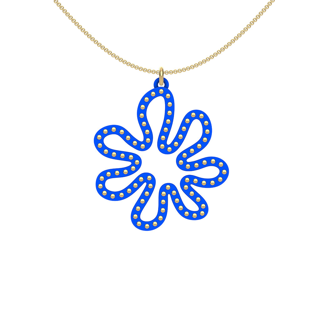 MATISSE.cutout  CORAL pendant  STYLE:  2  with 14/20 goldfill studs along shape  COLOR:  royal blue    MATERIAL:  3D printed Nylon  ARTIST:  Ree Gallagher, USA