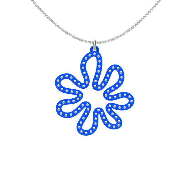 MATISSE.cutout  CORAL pendant  STYLE:  2  with sterling silver studs along shape  COLOR:  royal blue    MATERIAL:  3D printed Nylon  ARTIST:  Ree Gallagher, USA