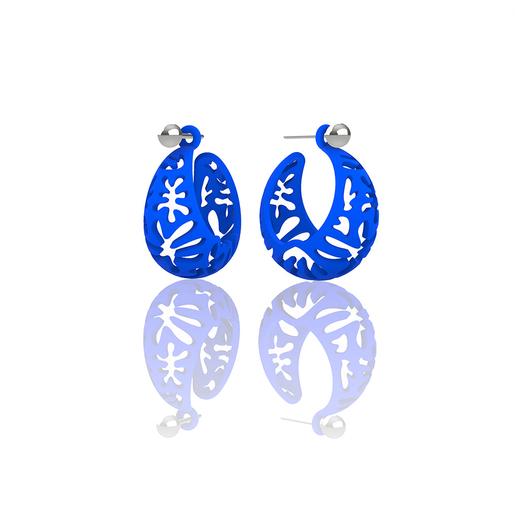 MATISSE inspired  BLUE  CORAL CUTOUT HOOP earrings.  SIZE:  SMALL, 0.75 inch diameter.  Material:  Nylon   Posts:  sterling or 14/20 goldfill