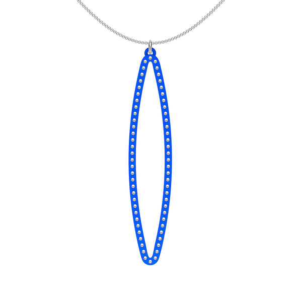 OVAL pendant  LARGE  ( 2.75 inches long)  with  sterling silver studs along shape  COLOR: royal blue  MATERIAL: 3D printed Nylon  ARTIST: Ree Gallagher, USA