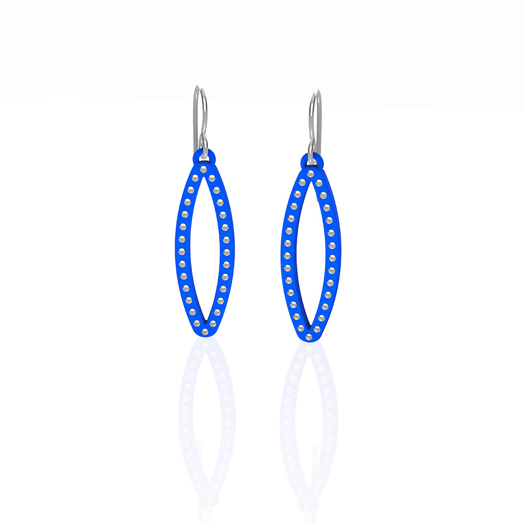 OVAL earrings  SIZE:  SMALL  ( 1.25 inches long)  with  sterling silver  studs along shape  COLOR:   blue   MATERIAL: 3D printed Nylon  ARTIST: Ree Gallagher, USA
