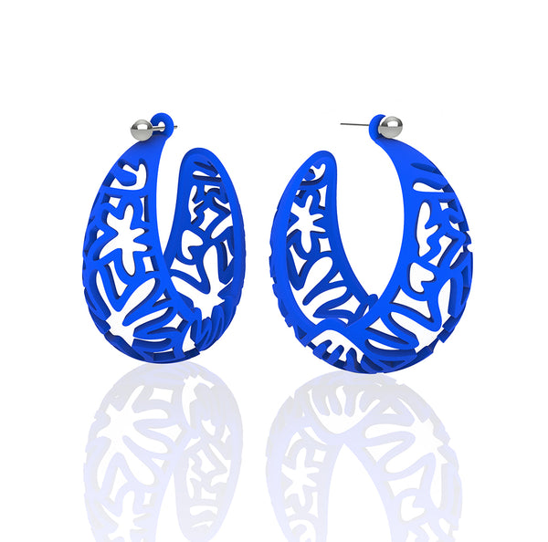 MATISSE inspired BLUE CORAL CUTOUT HOOP earrings.  1.625 inch diameter.  Material:  Nylon   Posts:  sterling or 14/20 goldfill