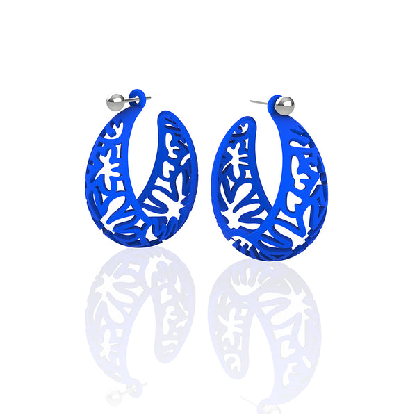 MATISSE inspired  BLUE  CORAL CUTOUT HOOP earrings.  SIZE:  MED, 1.25 inch diameter.  Material:  Nylon   Posts:  sterling or 14/20 goldfill, ARTIST:  Ree Gallagher