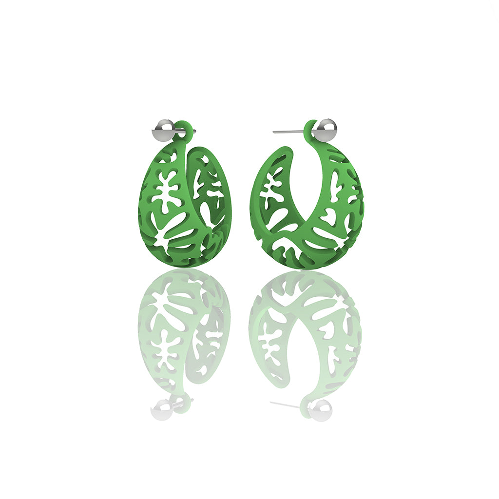 MATISSE inspired  grass green,  CORAL CUTOUT HOOP earrings.  SIZE:  SMALL, 0.75 inch or 22mm diameter.  Material:  Nylon   Posts:  sterling or 14/20 goldfill