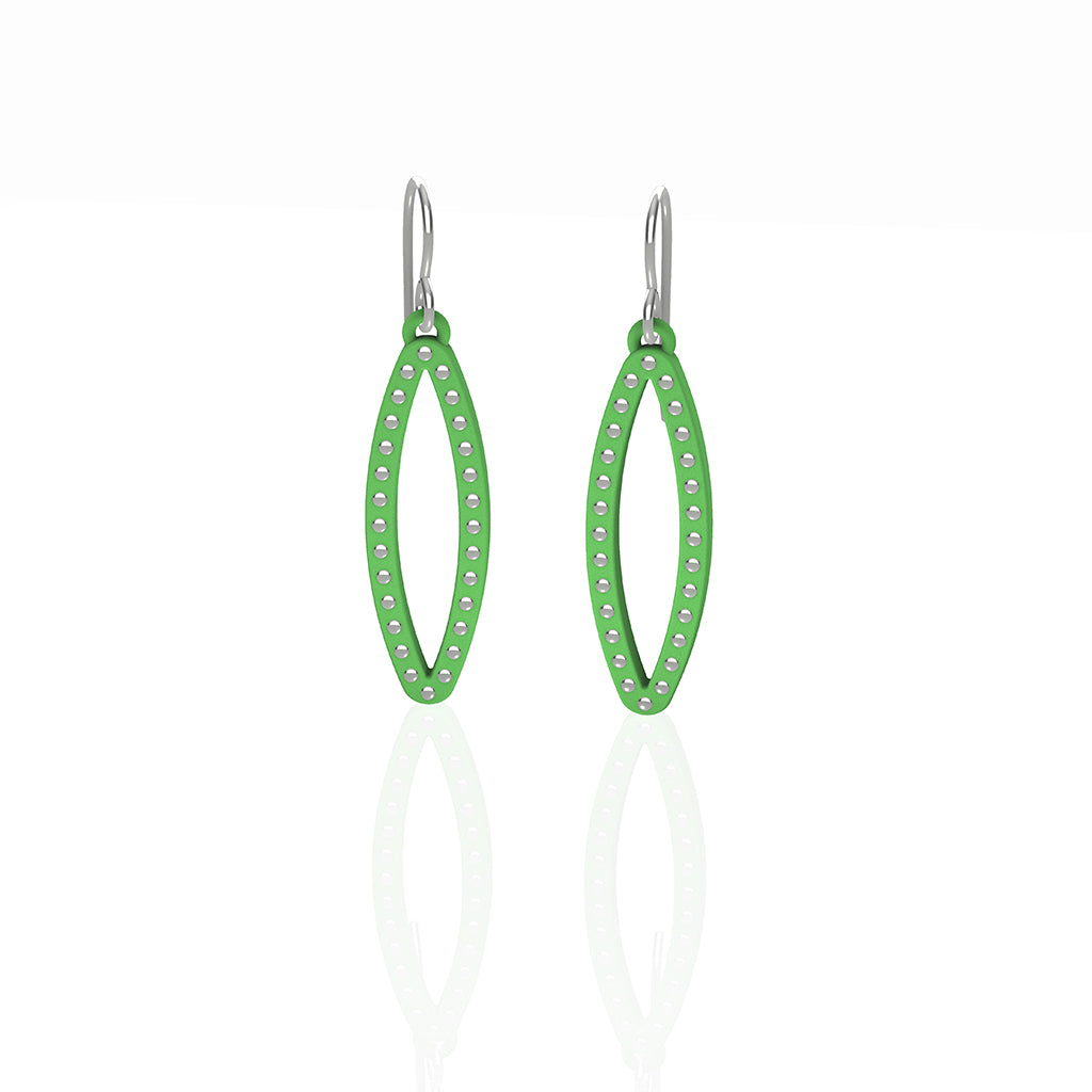 OVAL earrings  SIZE:  SMALL  ( 1.25 inches long)  with  sterling silver  studs along shape  COLOR:   green   MATERIAL: 3D printed Nylon  ARTIST: Ree Gallagher, USA
