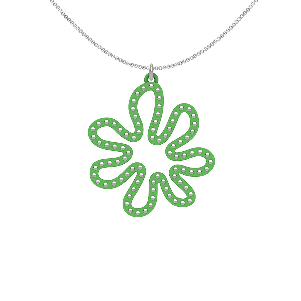 MATISSE.cutout  CORAL pendant  STYLE:  2  with sterling silver studs along shape  COLOR:  grass green    MATERIAL:  3D printed Nylon  ARTIST:  Ree Gallagher, USA