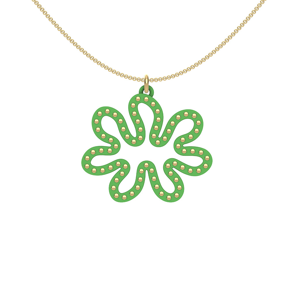 MATISSE.cutout  CORAL pendant  STYLE:  3 , oriented horizontally with 14/20  goldfill studs along shape  COLOR:  grass  green    MATERIAL:  3D printed Nylon  ARTIST:  Ree Gallagher, USA