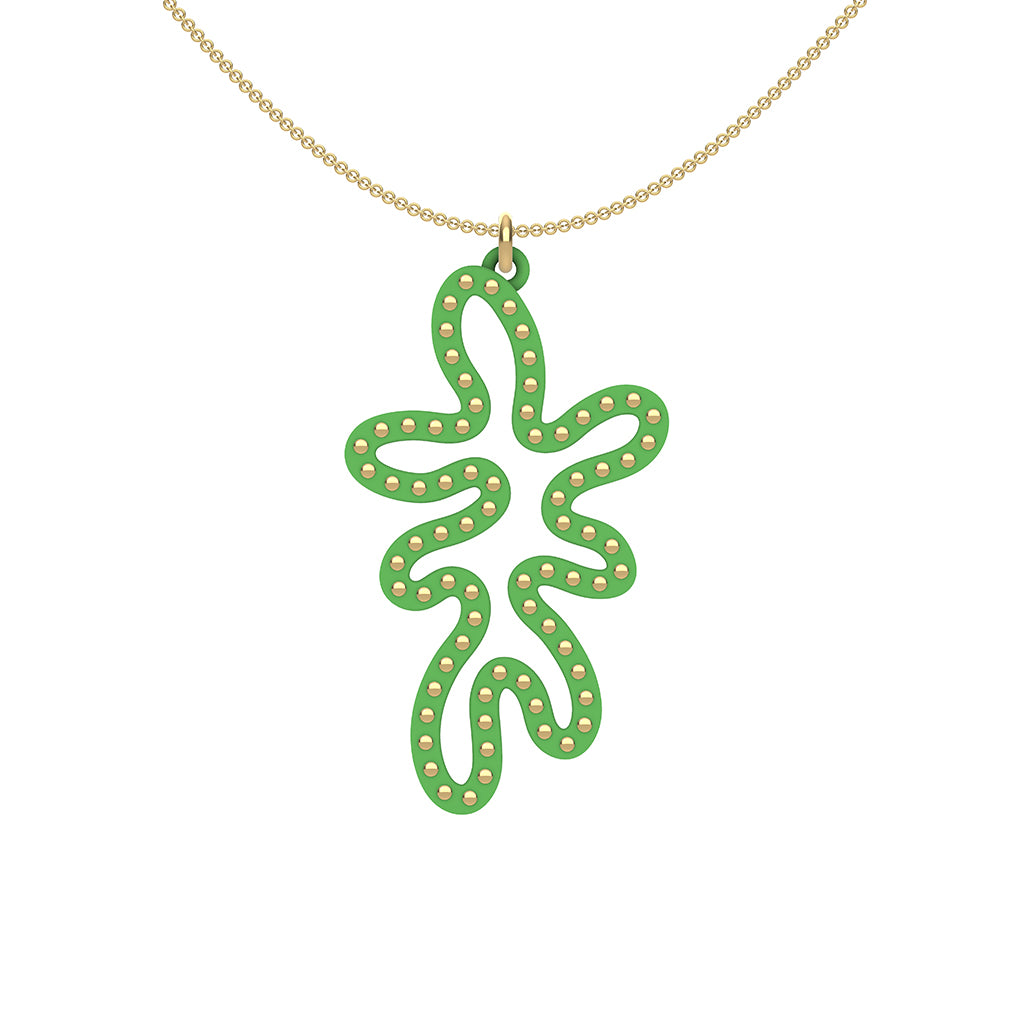 MATISSE.cutout  CORAL pendant  STYLE:  5   vertical coral shape  with 14/20 goldfill studs along shape  COLOR:   grass green    MATERIAL:  3D printed Nylon  ARTIST:  Ree Gallagher, USA