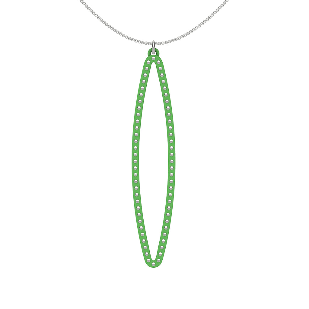 OVAL pendant  LARGE  ( 2.75 inches long)  with  sterling silver studs along shape  COLOR: grass  green  MATERIAL: 3D printed Nylon  ARTIST: Ree Gallagher, USA