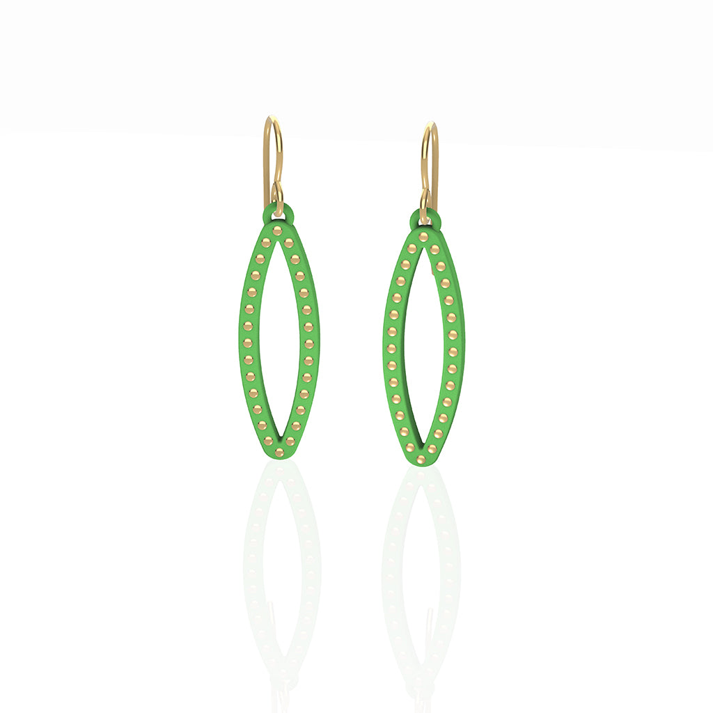 OVAL earrings  SIZE:  SMALL  ( 1.25 inches long)  with  14/20  goldfill  studs along shape  COLOR:   green   MATERIAL: 3D printed Nylon  ARTIST: Ree Gallagher, USA