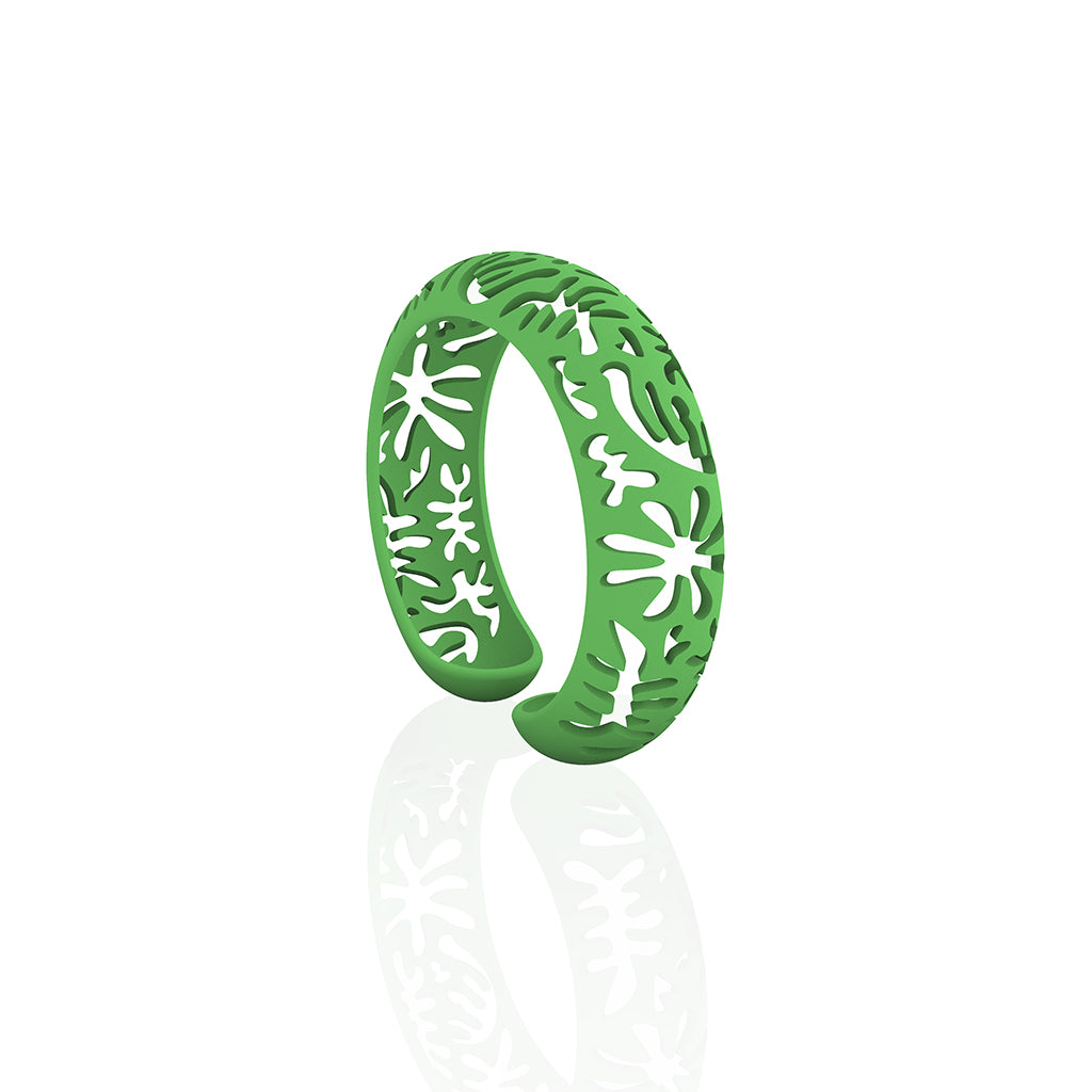 CORAL cutout CUFF bracelet inspired by artist Henri Matisse.  Color is  GRASS GREEN.  Measures 3/4 of inches wide.  ONE SIZE fits most .  Made of lightweight nylon