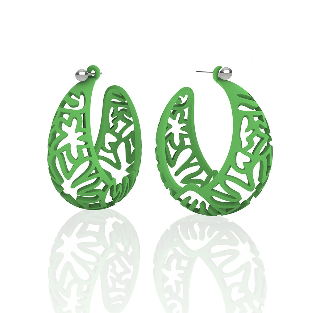 MATISSE inspired GRASS GREEN CORAL CUTOUT HOOP earrings.  1.625 inch diameter.  Material:  Nylon   Posts:  sterling or 14/20 goldfill