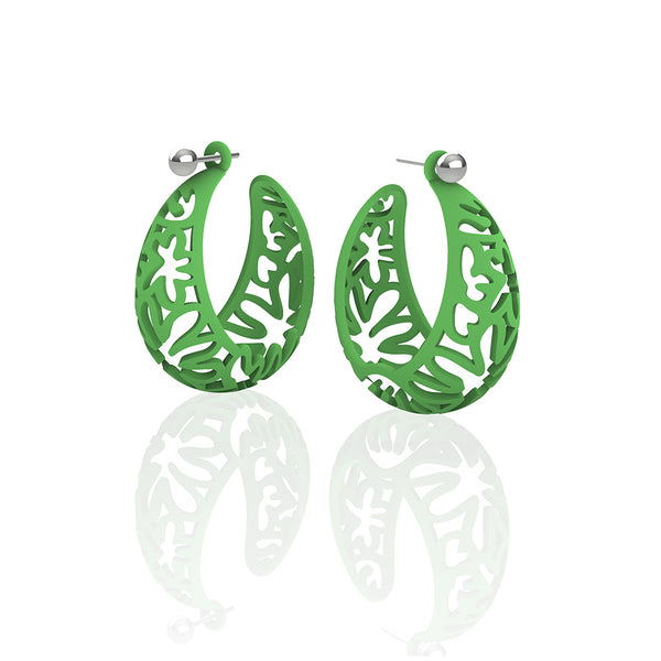 MATISSE inspired  GRASS GREEN,  CORAL CUTOUT HOOP earrings.  SIZE:  MED, 1.25 inch diameter.  Material:  Nylon   Posts:  sterling or 14/20 goldfill, ARTIST:  Ree Gallagher