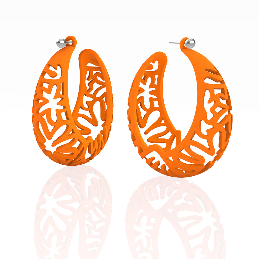 MATISSE inspired CORAL CUTOUT HOOP earrings. COLOR:  orange,  SIZES:  XL  2  inch diameter.  MATERIAL:   Nylon   Posts:  sterling or 14/20 goldfill