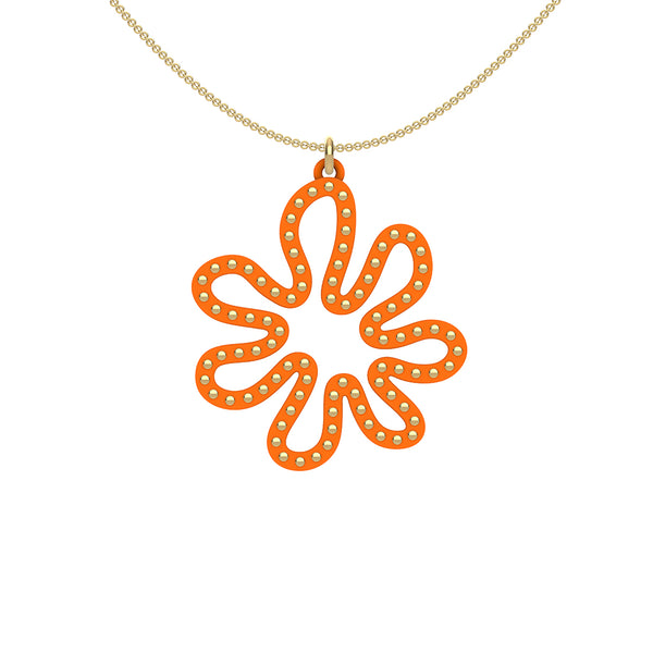 MATISSE.cutout  CORAL pendant  STYLE:  2  with 14/20 goldfill studs along shape  COLOR:  orange     MATERIAL:  3D printed Nylon  ARTIST:  Ree Gallagher, USA