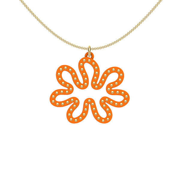 MATISSE.cutout  CORAL pendant  STYLE:  3 , oriented horizontally with 14/20  goldfill  studs along shape  COLOR:   orange    MATERIAL:  3D printed Nylon  ARTIST:  Ree Gallagher, USA