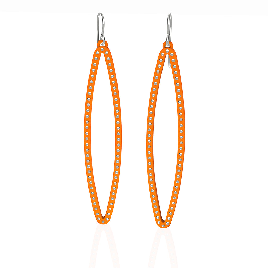 OVAL earrings  SIZE:  LARGE  ( 2.75 inches long)  with  sterling silver  studs along shape  COLOR:  orange  MATERIAL: 3D printed Nylon  ARTIST: Ree Gallagher