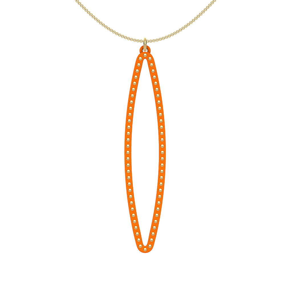 OVAL pendant  LARGE  ( 2.75 inches long)  with  14/20  Goldfill  studs along shape  COLOR: orange  MATERIAL: 3D printed Nylon  ARTIST: Ree Gallagher, USA