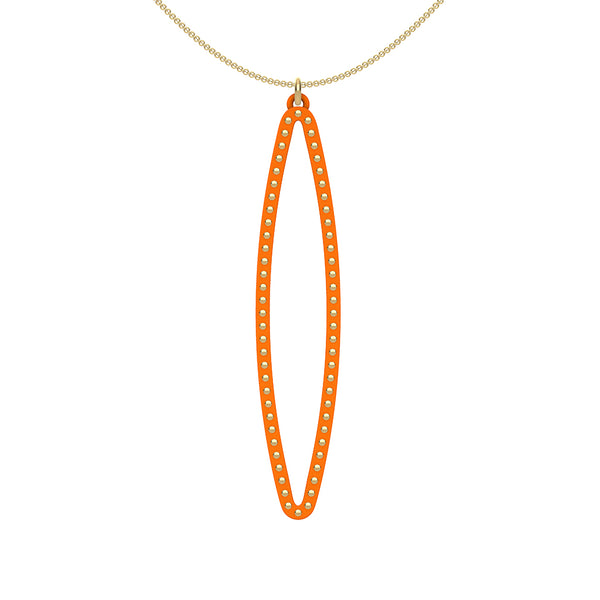 OVAL pendant  LARGE  ( 2.75 inches long)  with  14/20  Goldfill  studs along shape  COLOR: orange  MATERIAL: 3D printed Nylon  ARTIST: Ree Gallagher, USA