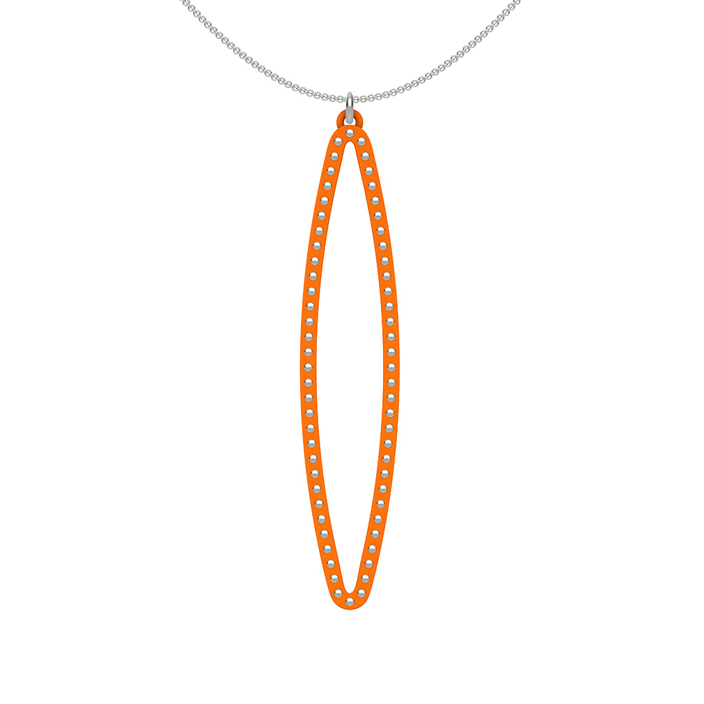 OVAL pendant  LARGE  ( 2.75 inches long)  with  sterling silver  studs along shape  COLOR: orange  MATERIAL: 3D printed Nylon  ARTIST: Ree Gallagher, USA