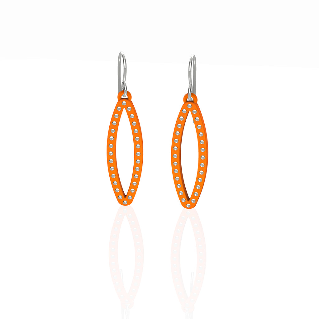 OVAL earrings  SIZE:  SMALL  ( 1.25 inches long)  with  sterling silver  studs along shape  COLOR:   orange   MATERIAL: 3D printed Nylon  ARTIST: Ree Gallagher, USA