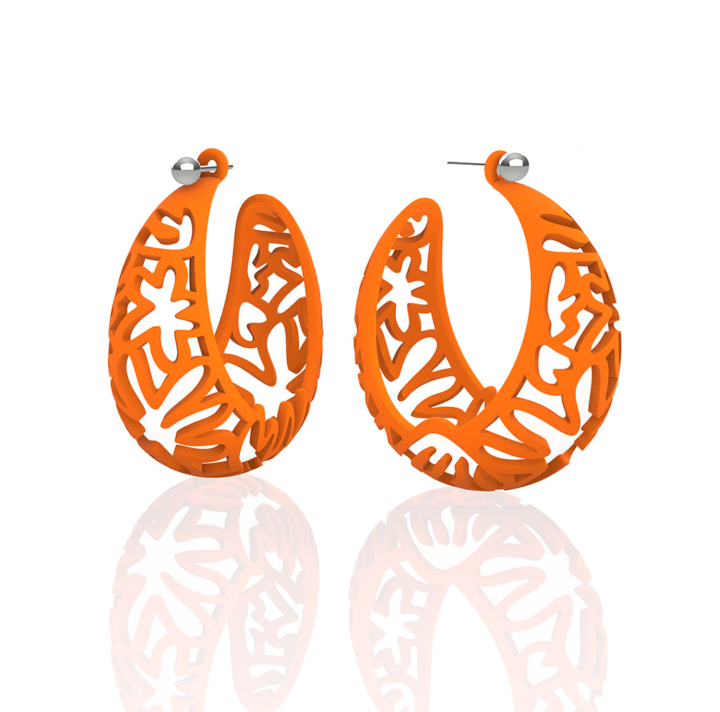 MATISSE inspired orange  CORAL CUTOUT HOOP earrings.  1.625 inch diameter.  Material:  Nylon   Posts:  sterling or 14/20 goldfill