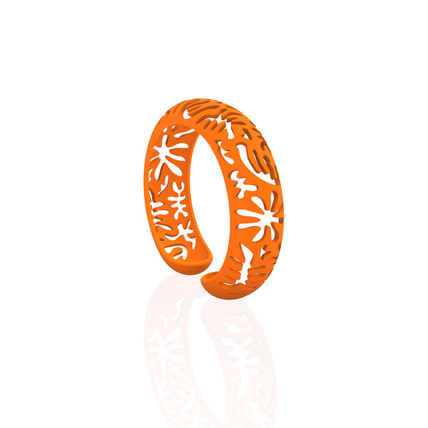 CORAL cutout CUFF bracelet inspired by artist Henri Matisse.  Color is  ORANGE.  Measures 3/4 of inches wide.  ONE SIZE fits most .  Made of lightweight nylon