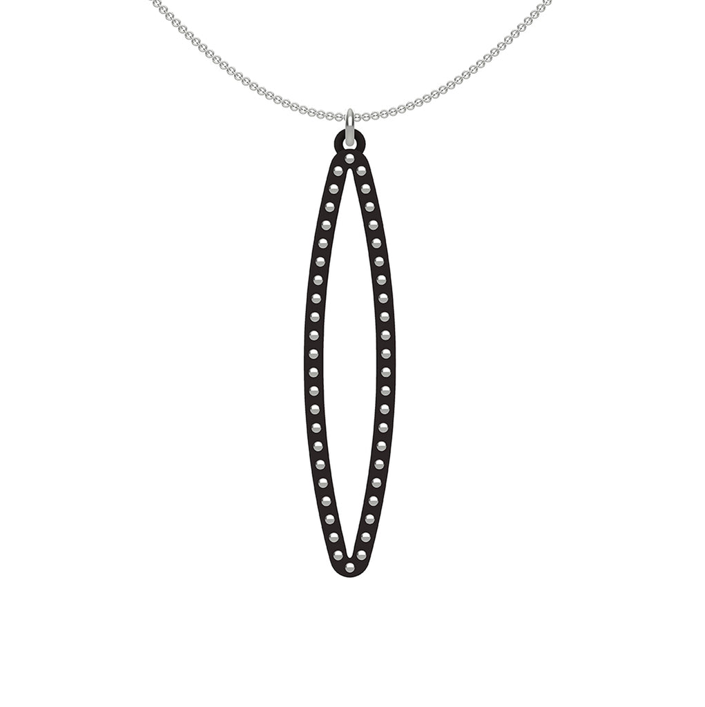 OVAL pendant  MEDIUM ( 2inches long)  with  sterling silver studs along shape  COLOR: black  MATERIAL: 3D printed Nylon  ARTIST: Ree Gallagher, USA